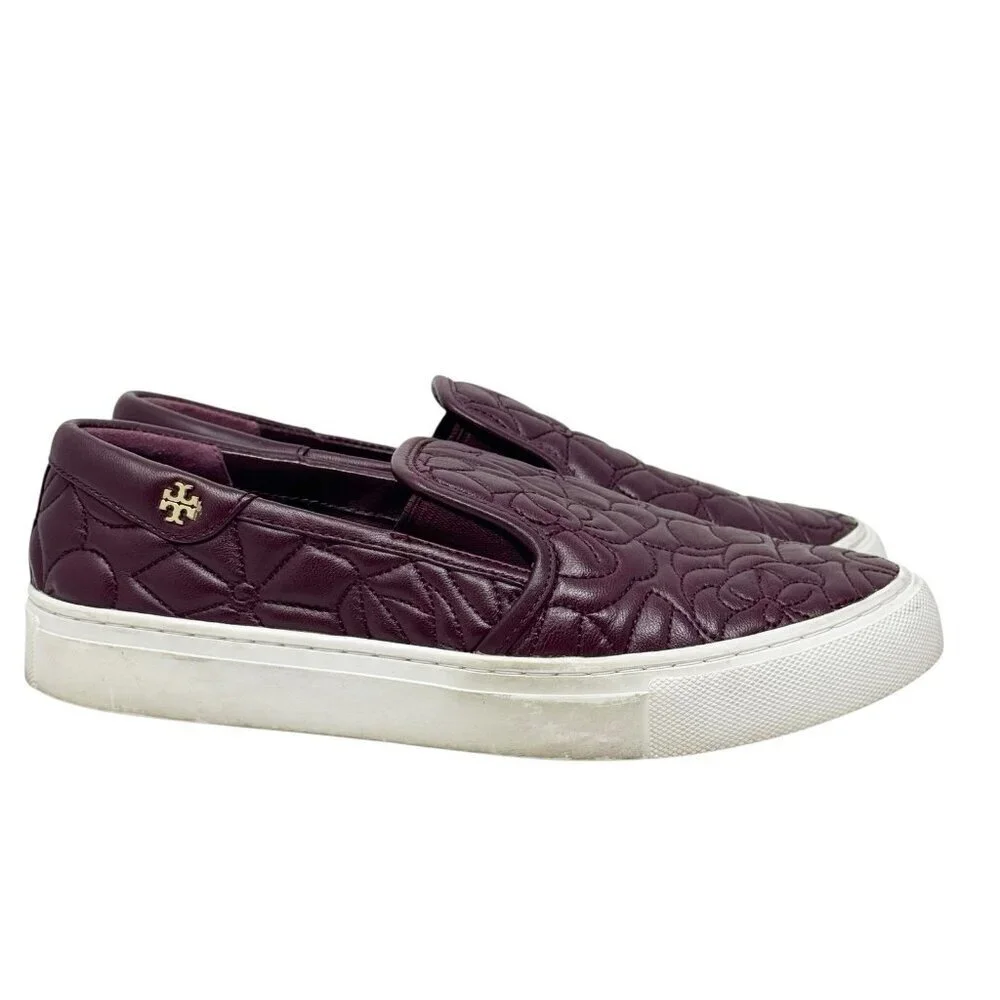 Tory Burch Sela Burgundy Floral Quilted Leather Slip On Sneakers size 6
